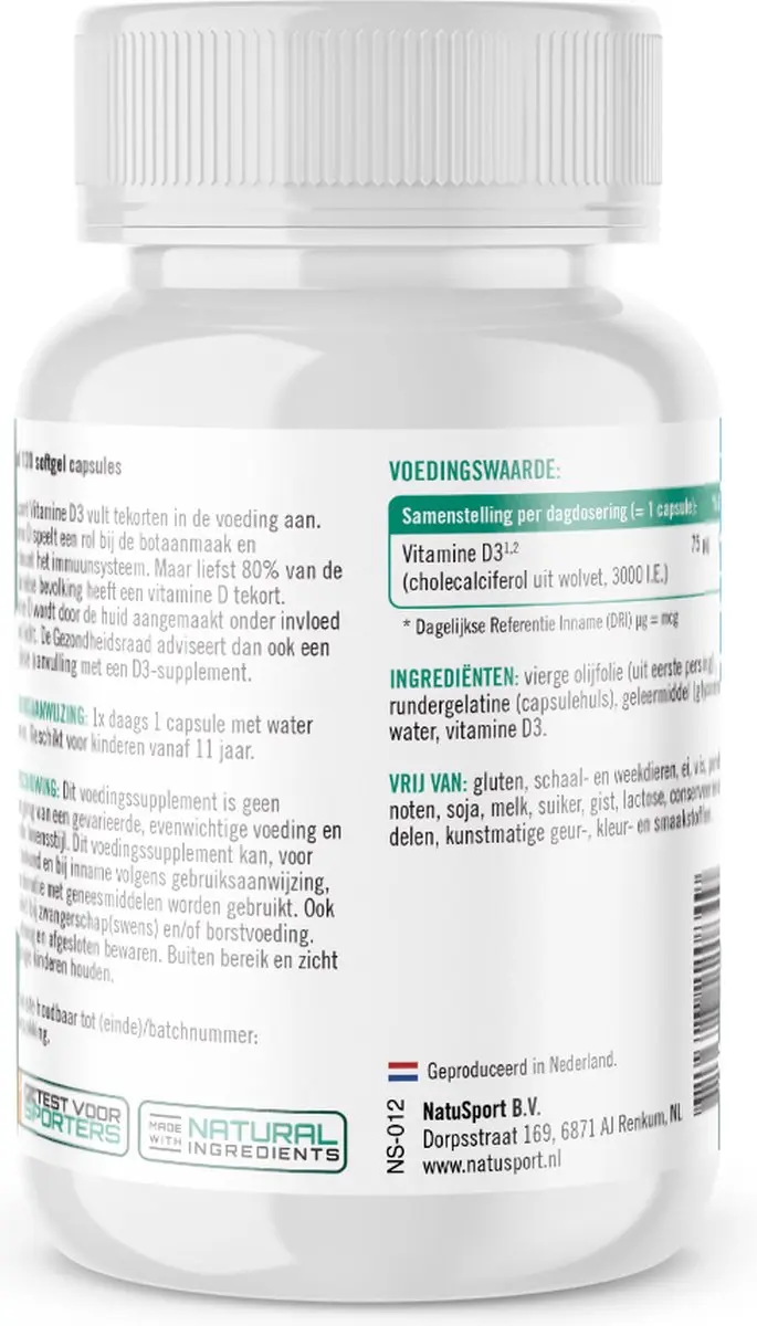 Natusport Vitamine D3 NZVT Gecertificeerd - 120 Capsules