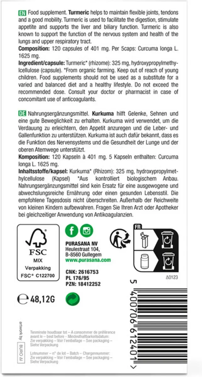 Purasana Kurkuma Bio Capsules - 120 Stuks