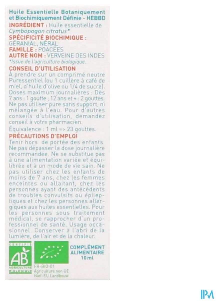 Puressentiel Citroengras Etherische Olie Bio 10ml - afbeelding 6 van 6