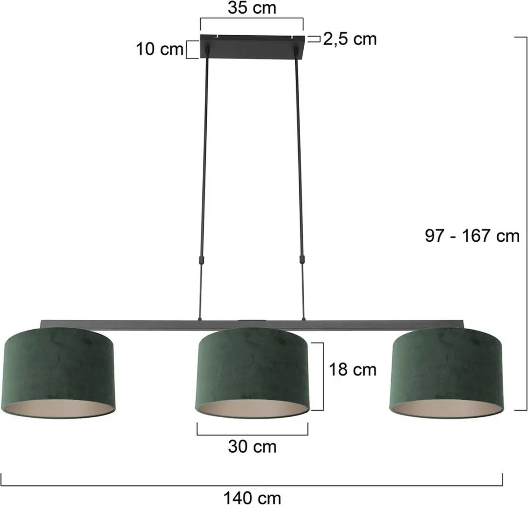Steinhauer Hanglamp Stang 3463ZW - 3 Groene Velours Kappen Ø30cm - afbeelding 6 van 6