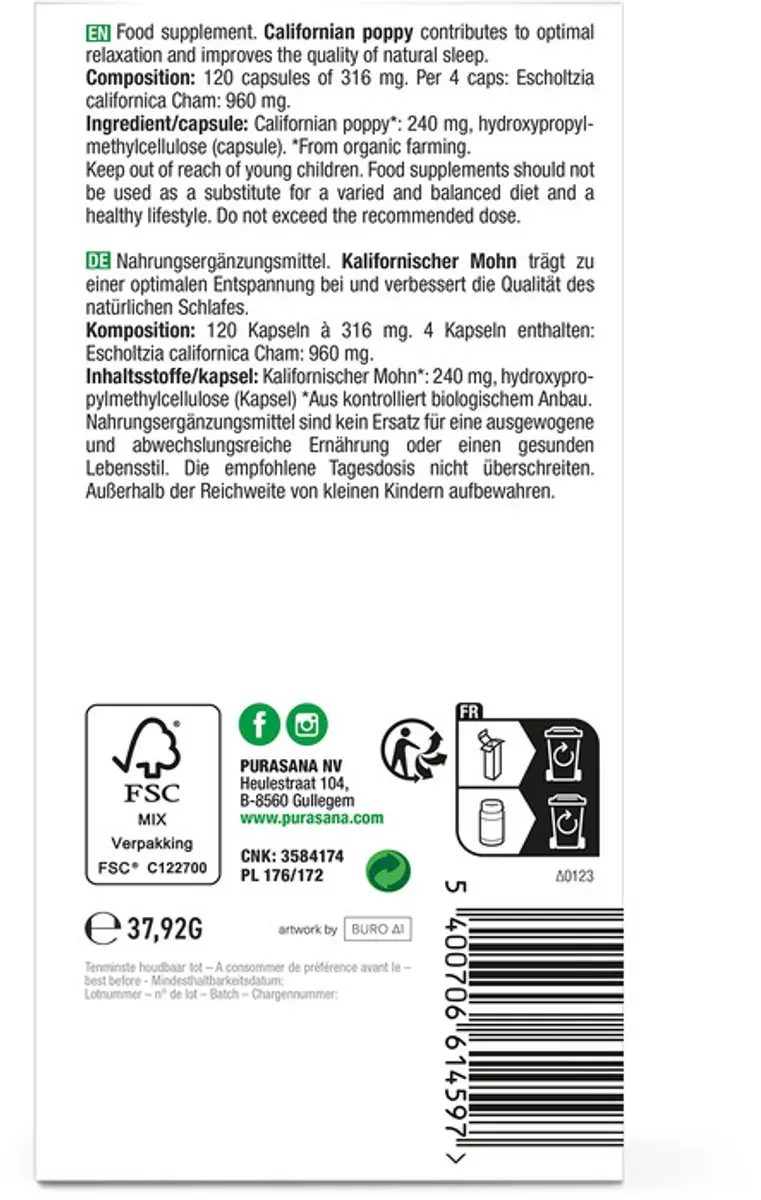 Purasana Slaapmutsje Bio Capsules 120 Stuks