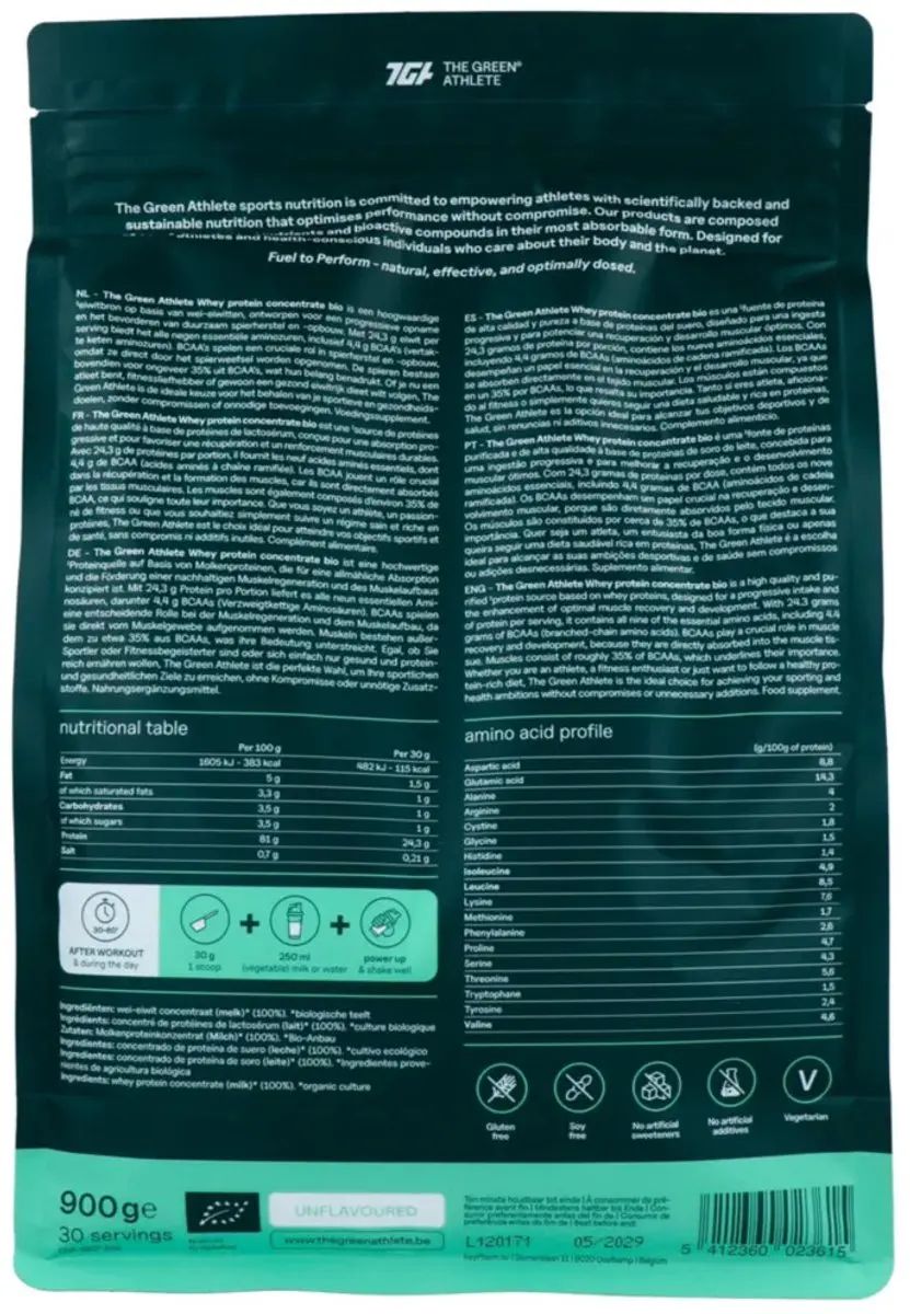 The Green Athlete Whey Protein Concentraat 900g - Ongearomatiseerd Bio