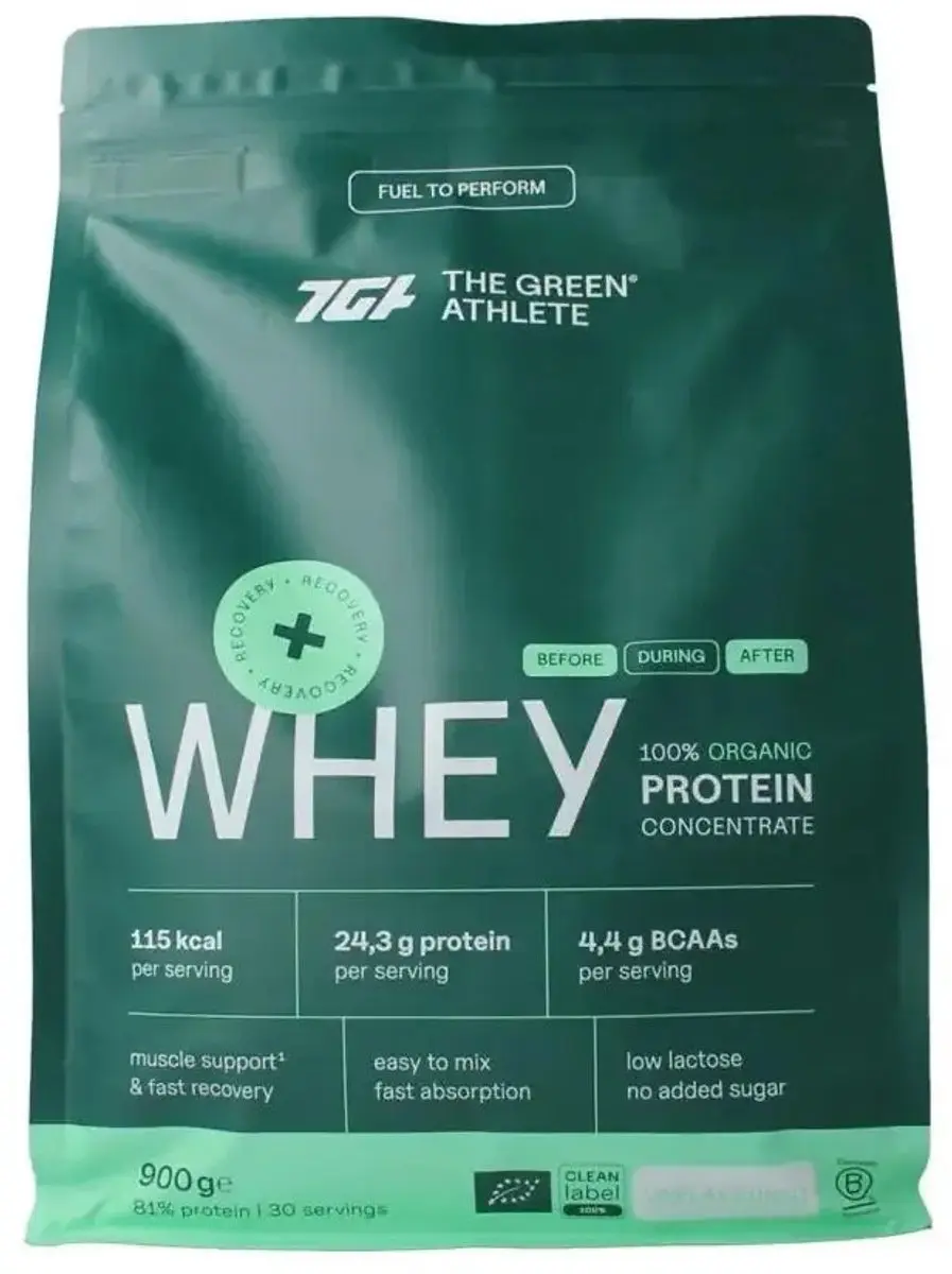 The Green Athlete Whey Protein Concentraat 900g - Ongearomatiseerd Bio - afbeelding 6 van 6