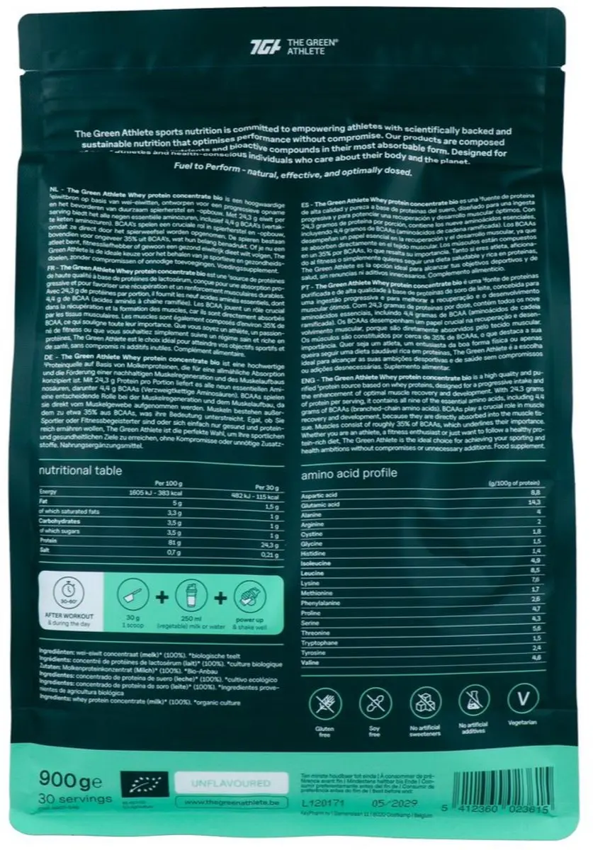 The Green Athlete Whey Protein Concentraat 900g - Ongearomatiseerd Bio