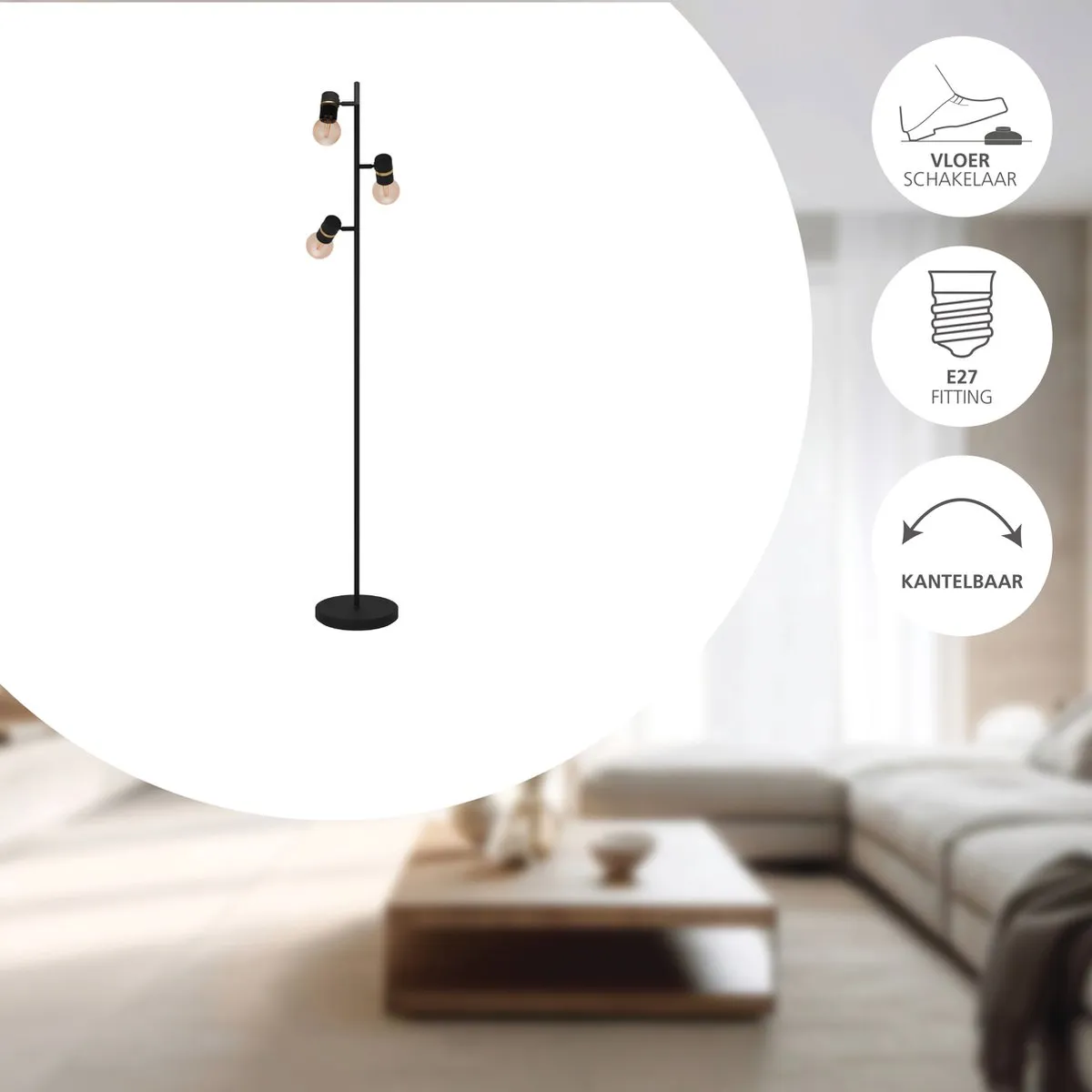 Eglo Lurone Vloerlamp E27 160cm - Zwart/Goud