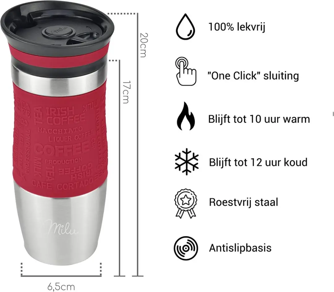 Milu Thermosbeker 370ml - Rood - Dubbelwandig - Vaatwasserveilig - afbeelding 6 van 6