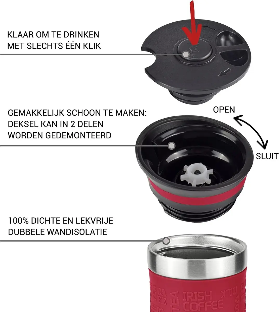 Milu Thermosbeker 370ml - Rood - Dubbelwandig - Vaatwasserveilig
