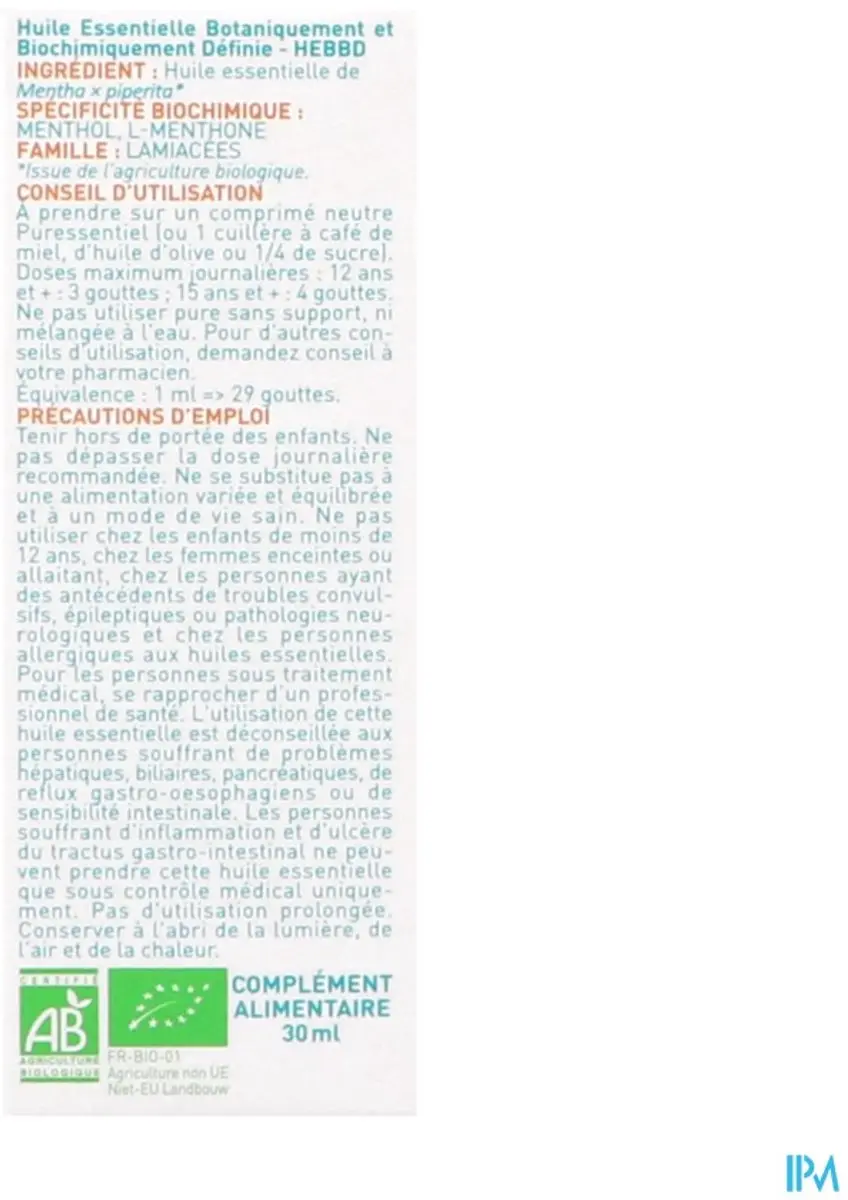 Puressentiel Pepermunt Etherische Olie Biologisch 30ml