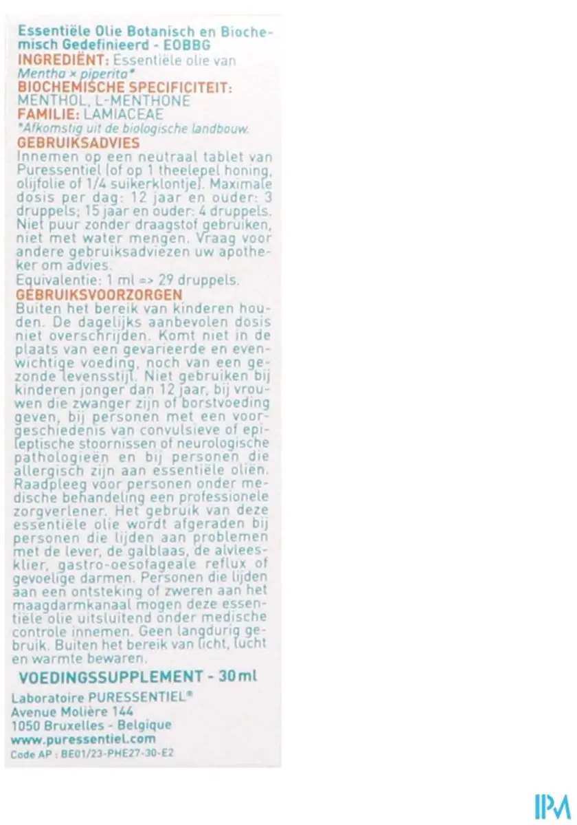 Puressentiel Pepermunt Etherische Olie Biologisch 30ml
