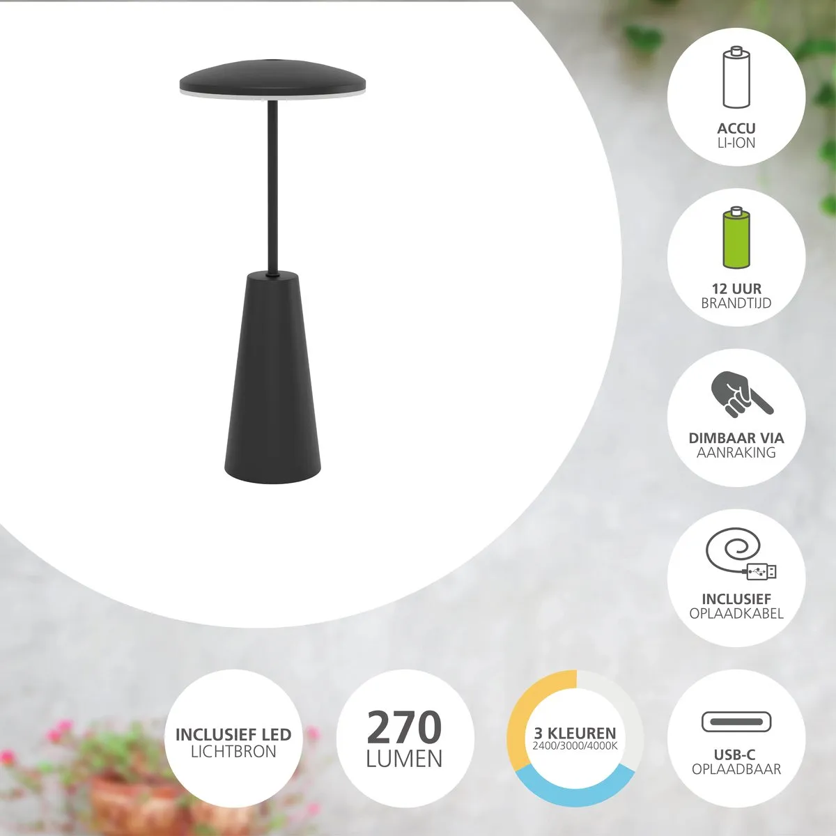 Eglo Piccola Oplaadbare Tafellamp - 28cm - Zwart - Instelbaar Wit Licht