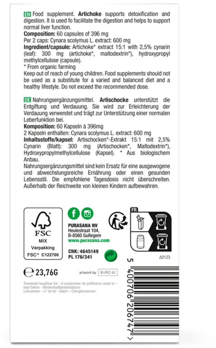 Purasana Artisjok Extract 300mg - 120 Vegacapsules