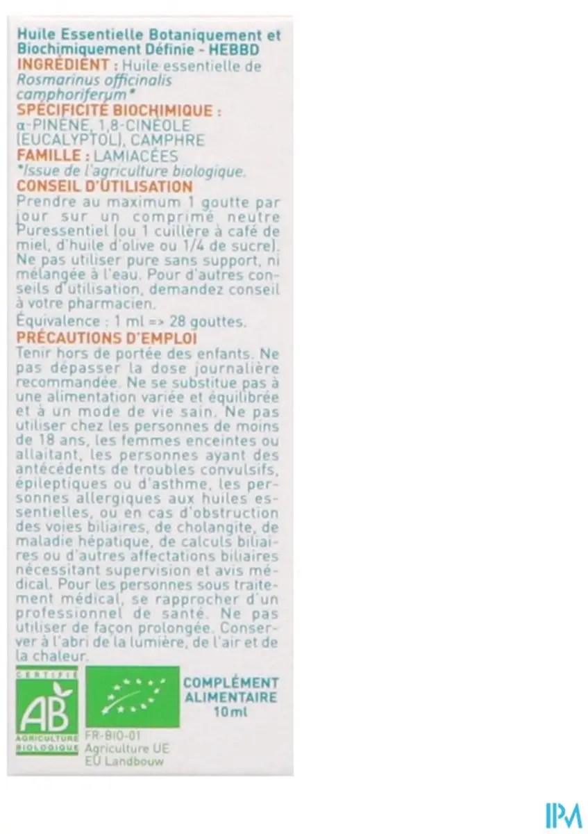 Puressentiel Rozemarijn Kamfer Etherische Olie Biologisch 10ml