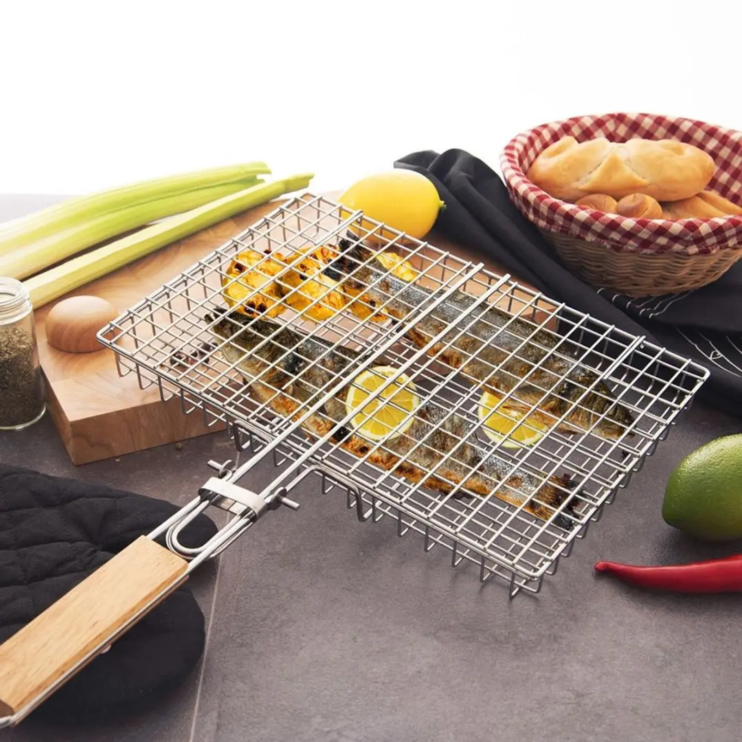 Orion Metalen Grillmand 32x49cm - Houten Handgreep - Chroom