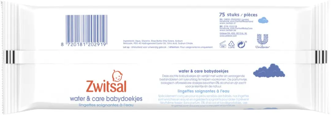 Zwitsal Water & Care Billendoekjes 900 Stuks