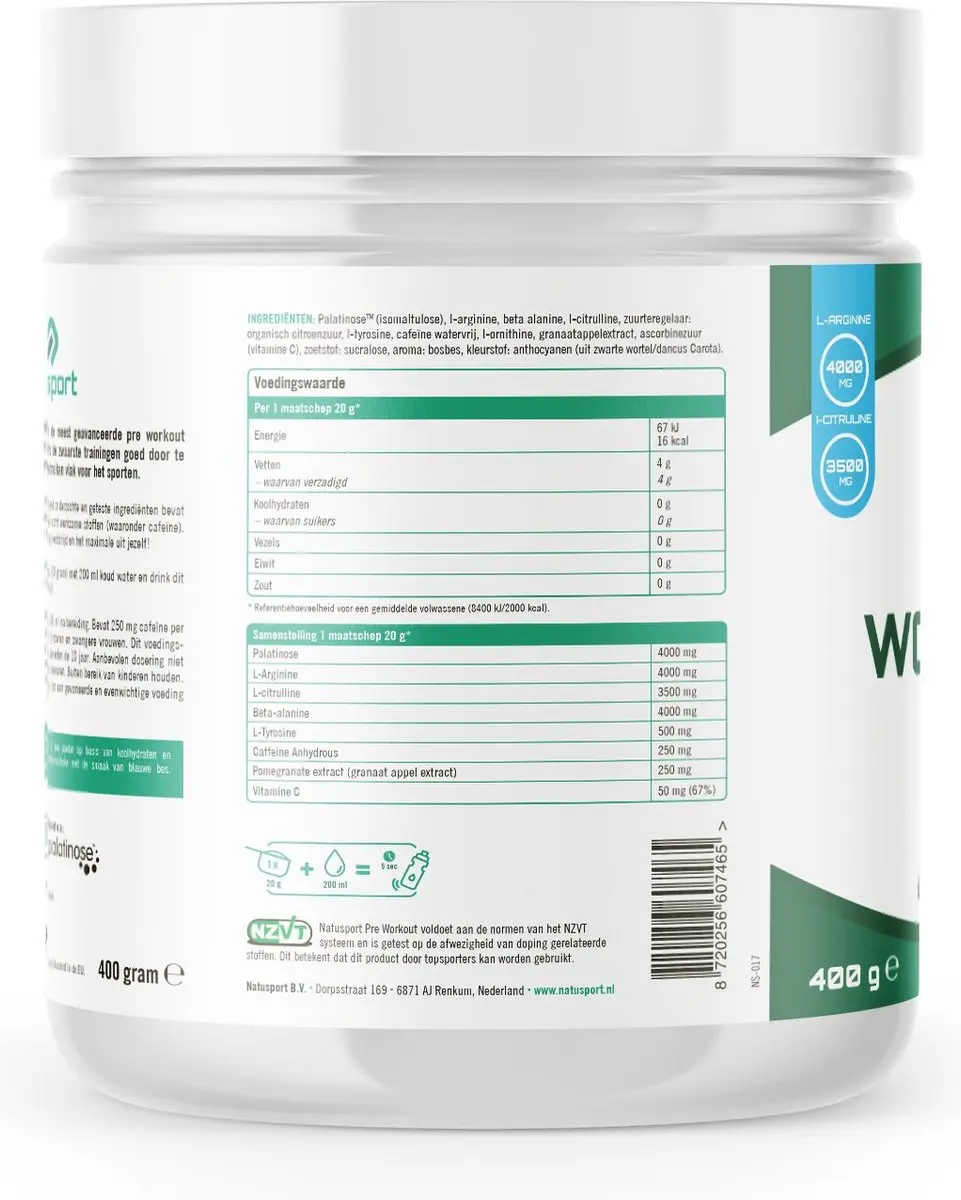 Natusport Pre Workout Bosbes 400g - 20 Doses