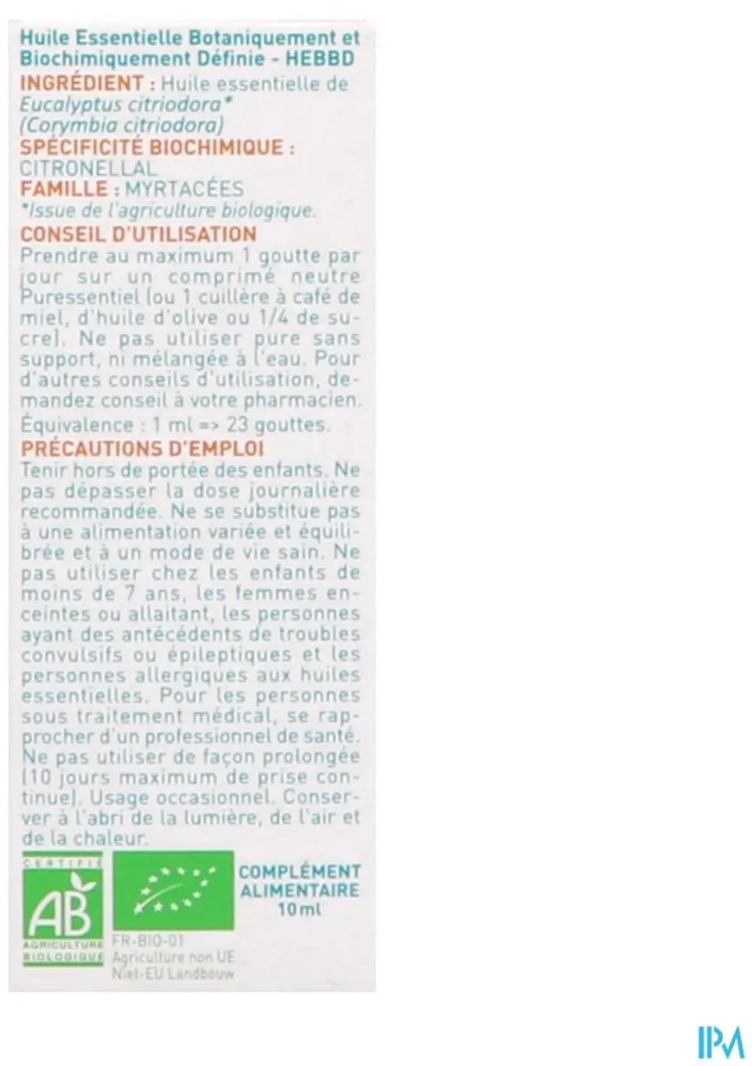 Puressentiel Eucalyptus Citroen Etherische Olie Biologisch 10ml