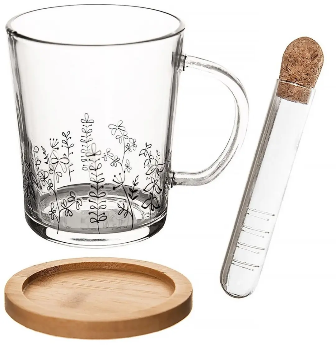 Orion Louka Glazen Thee-ei 400ml - Bamboe Onderzetter Plantmotief