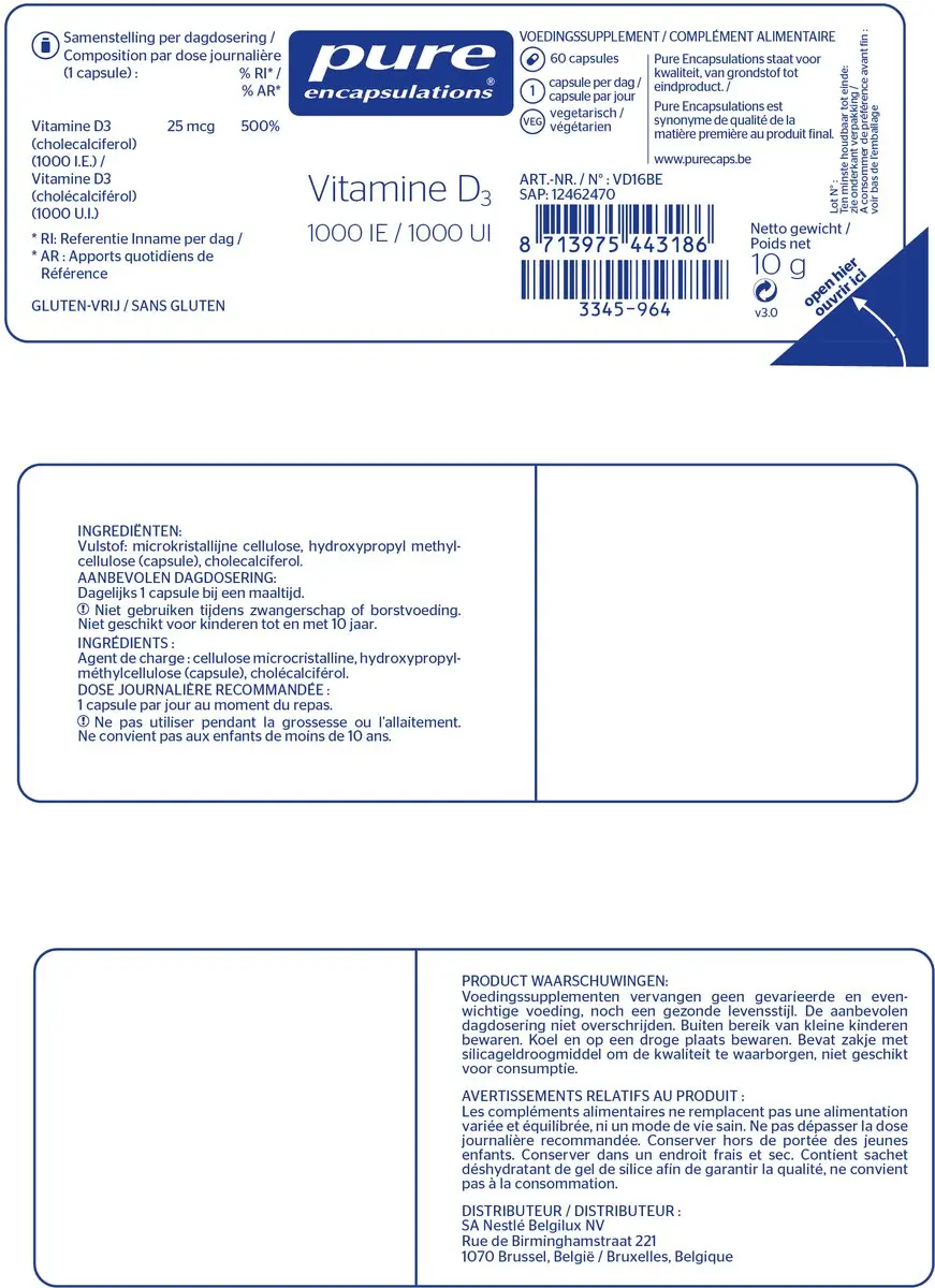 Pure Encapsulations Vitamine D3 1000 IE - 60 Capsules