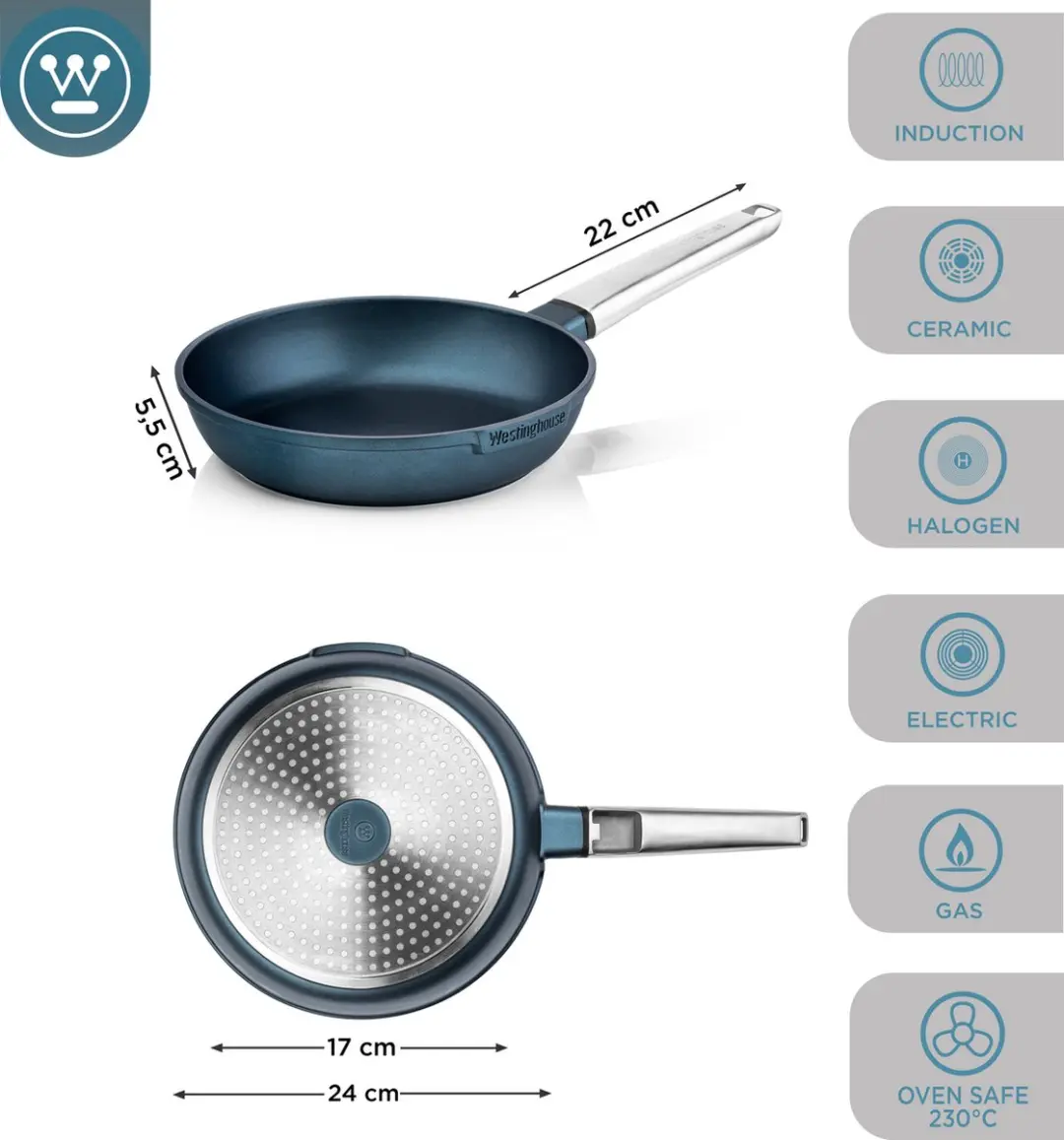Westinghouse Performance Koekenpan 24cm - Inductie - Blauw