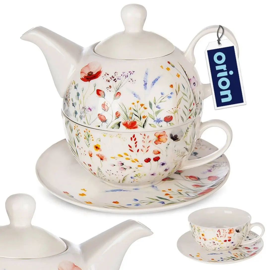 Orion Maki Porseleinen Theepot & Koppen Set 680ml - Veldbloemen - 3-delig