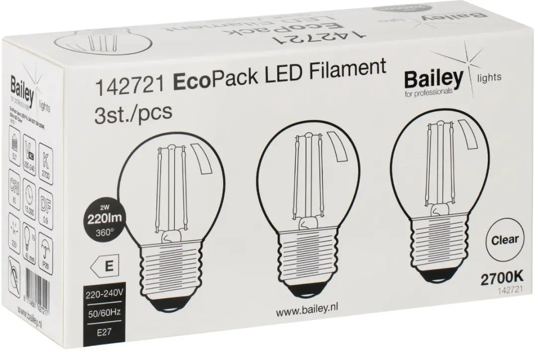 Bailey 3x LED Bol E27 2W - Warm wit 2700K