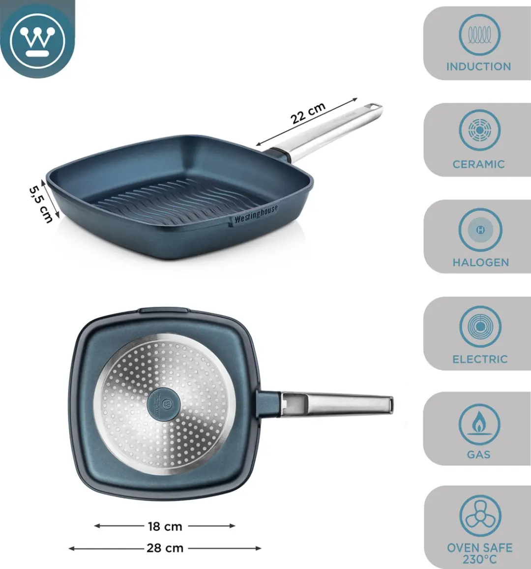 Westinghouse Performance Grillpan Ø28cm - Inductie - Blauw