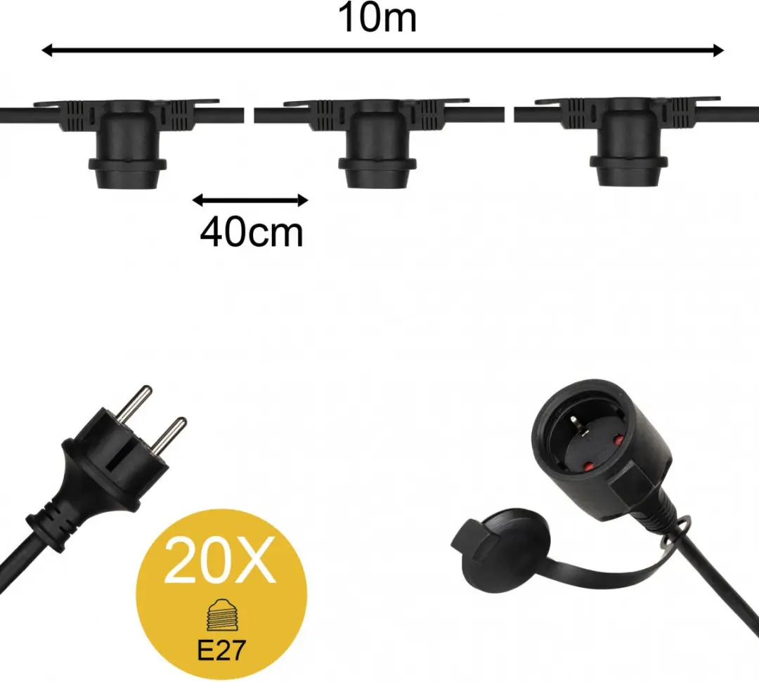 Bailey Prikkabel E27 20 Fittingen 10m IP44 - Zwart
