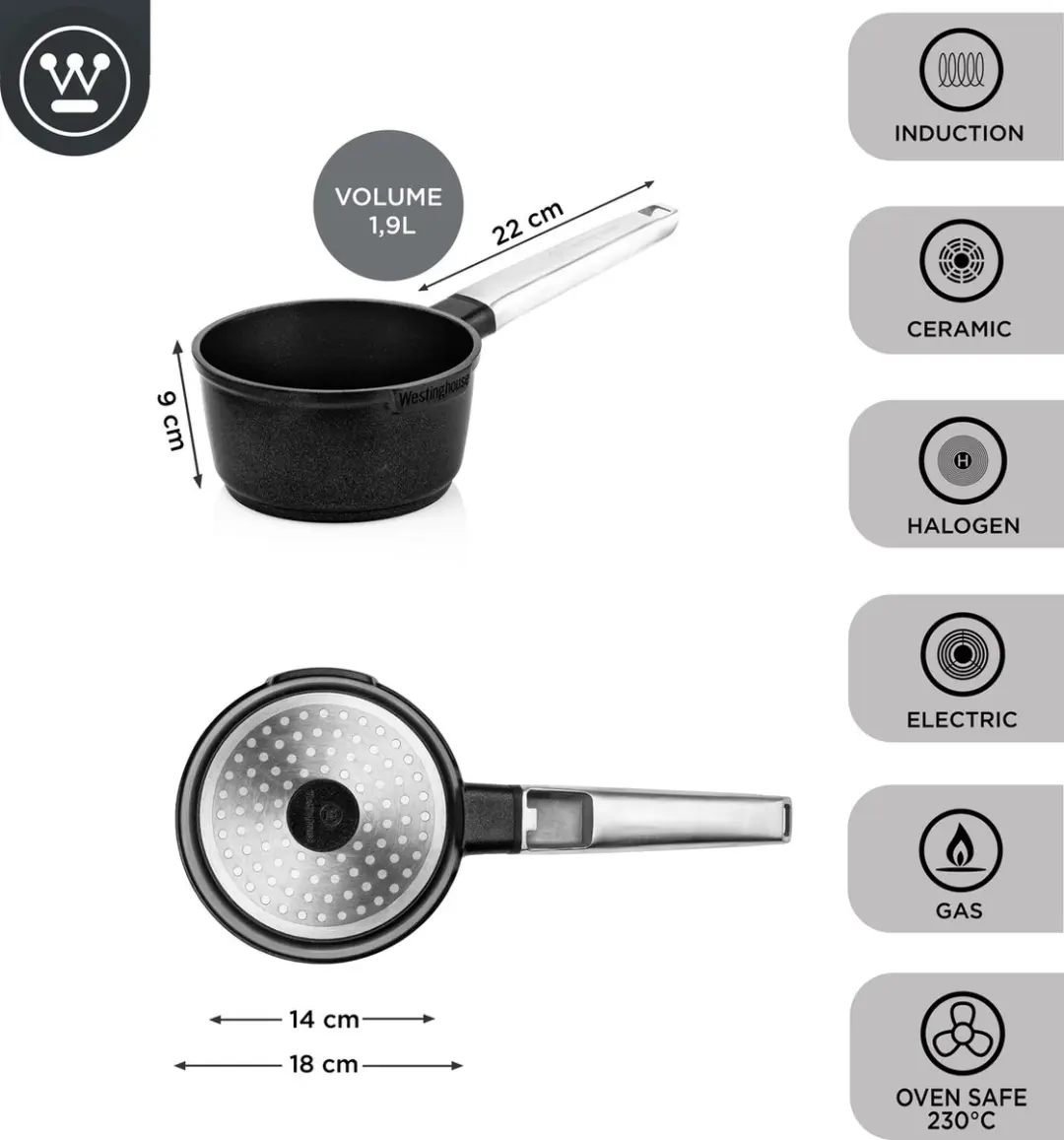 Westinghouse Performance Steelpan 1L - Ø18cm - Zwart
