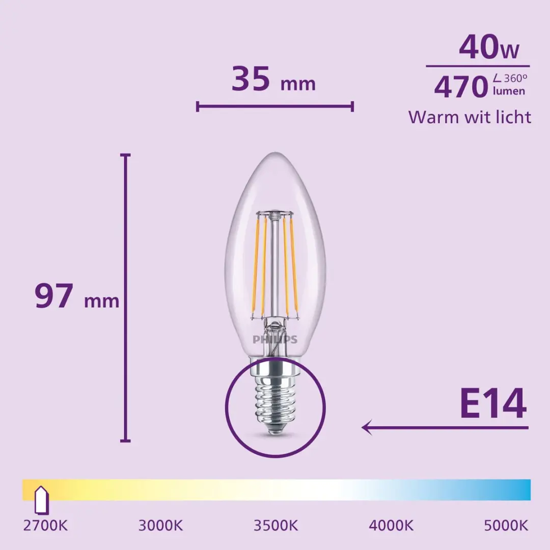 Philips Filament Kaarslamp 40W B35 E14 - 3 Stuks