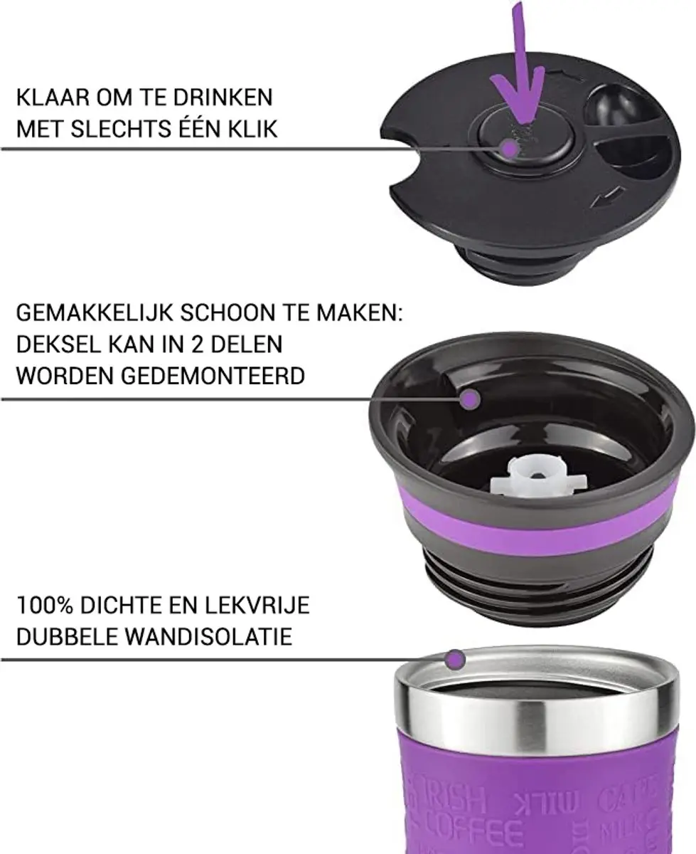 Milu Thermosbeker 370ml - Paars - Dubbelwandig - Vaatwasserveilig