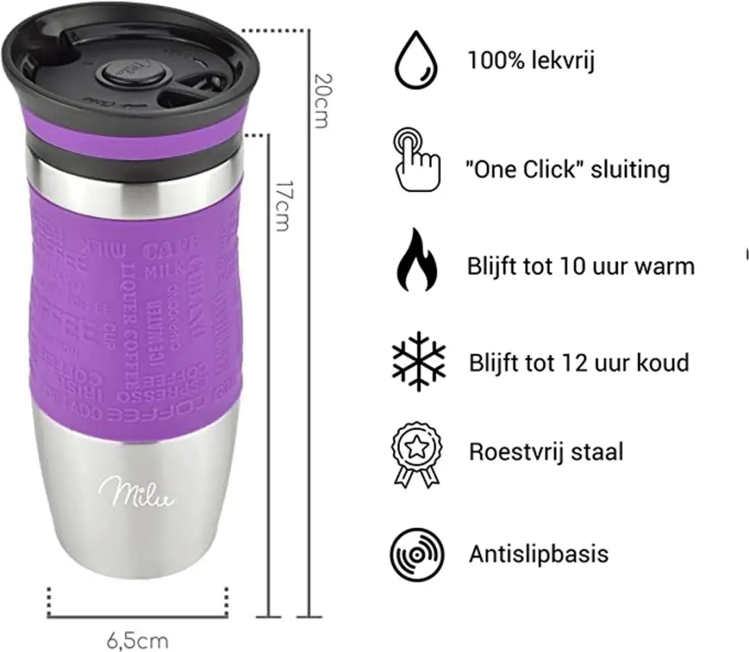 Milu Thermosbeker 370ml - Paars - Dubbelwandig - Vaatwasserveilig