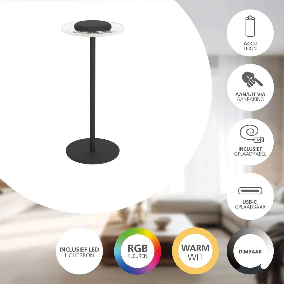 Eglo Trepella Oplaadbare Tafellamp - Zwart - Warm wit & RGB