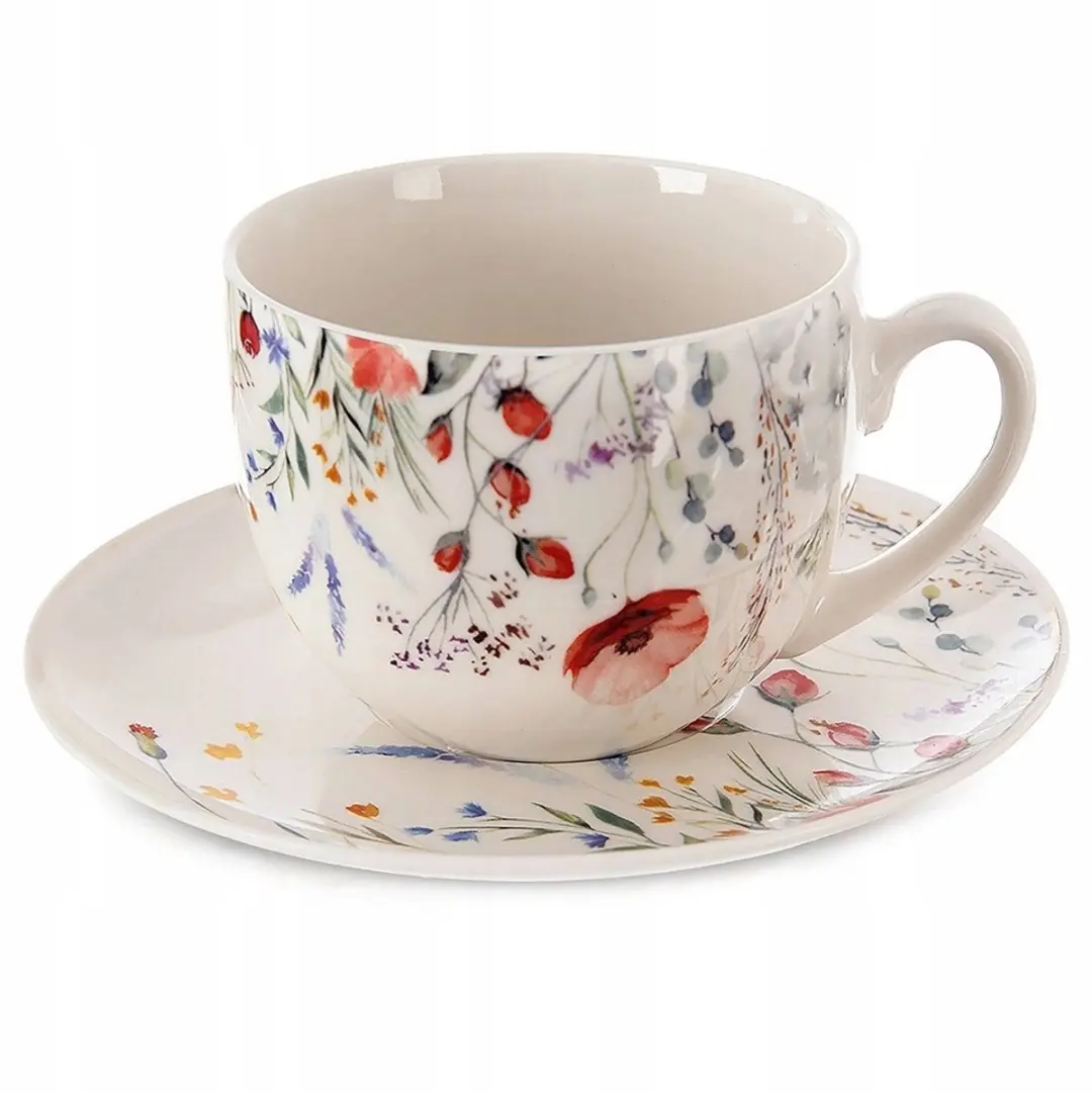Orion Porseleinen Mok met Schotel 260ml Bloemen Klaprozen - 2 Stuks