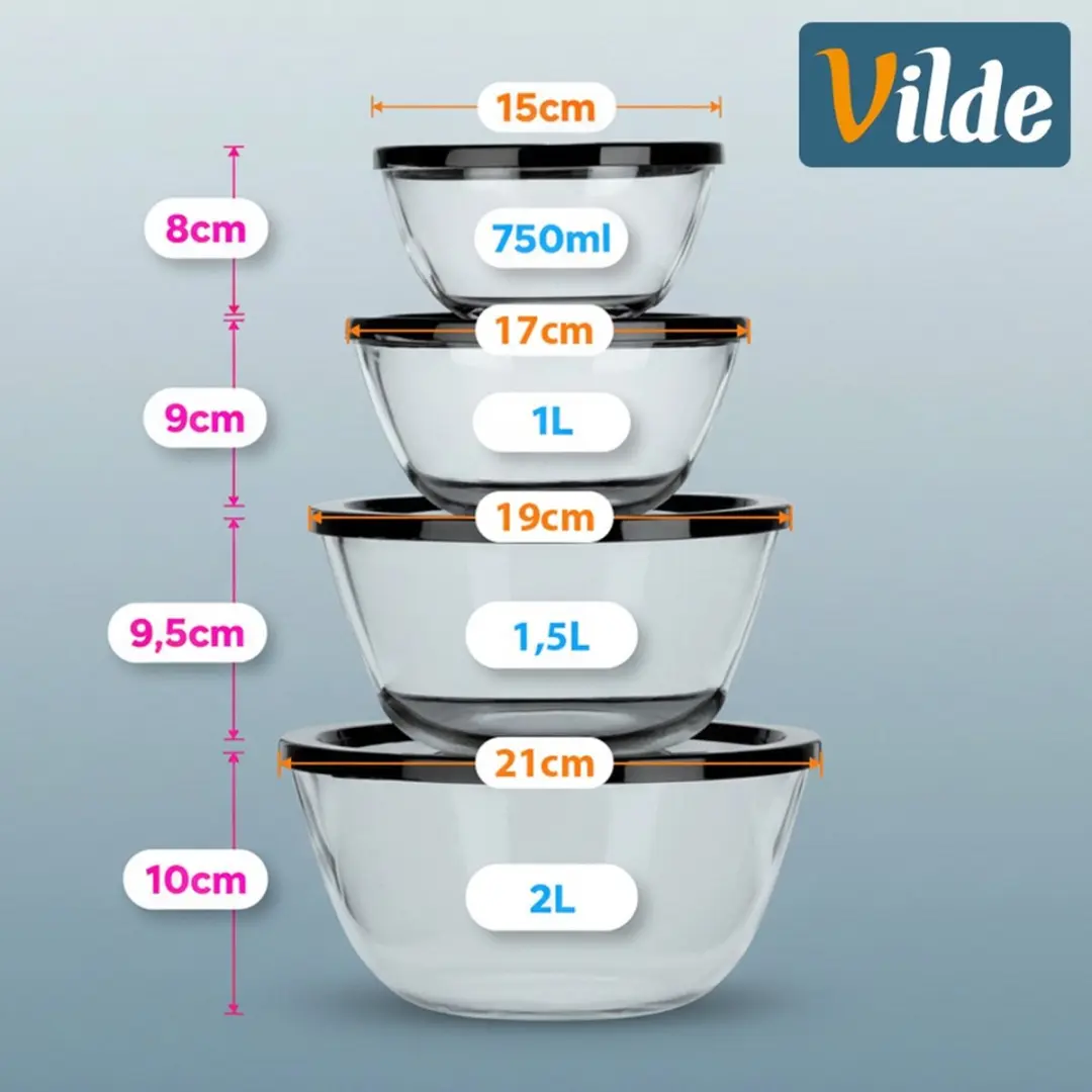 Orion Glazen Kommen met Deksel - 4 Stuks (750ml/1l/1,5l/2l)