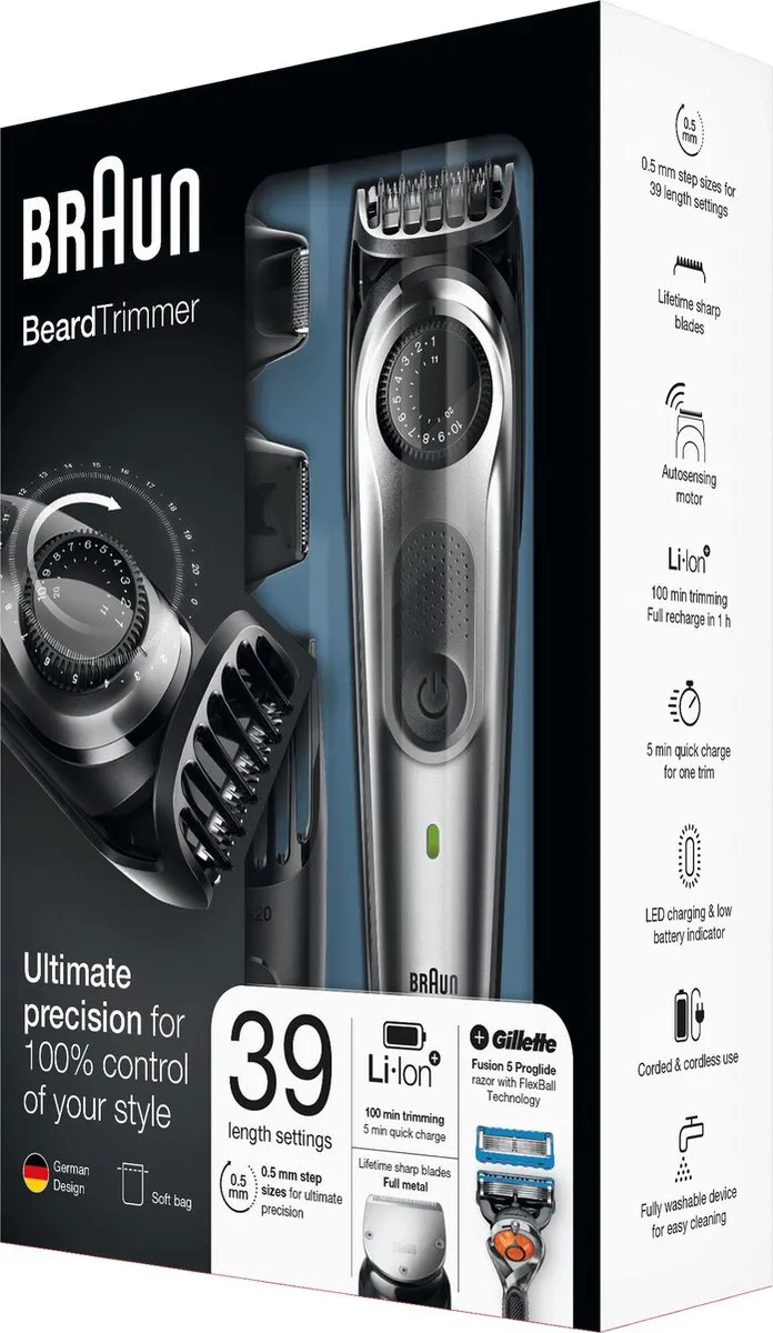 Braun BT7020 Baardtrimmer - 39 Lengte-instellingen - 4 Opzetstukken - Zilver