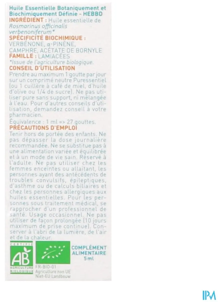 Puressentiel Rozemarijn Verbenone Etherische Olie 5ml - Biologisch