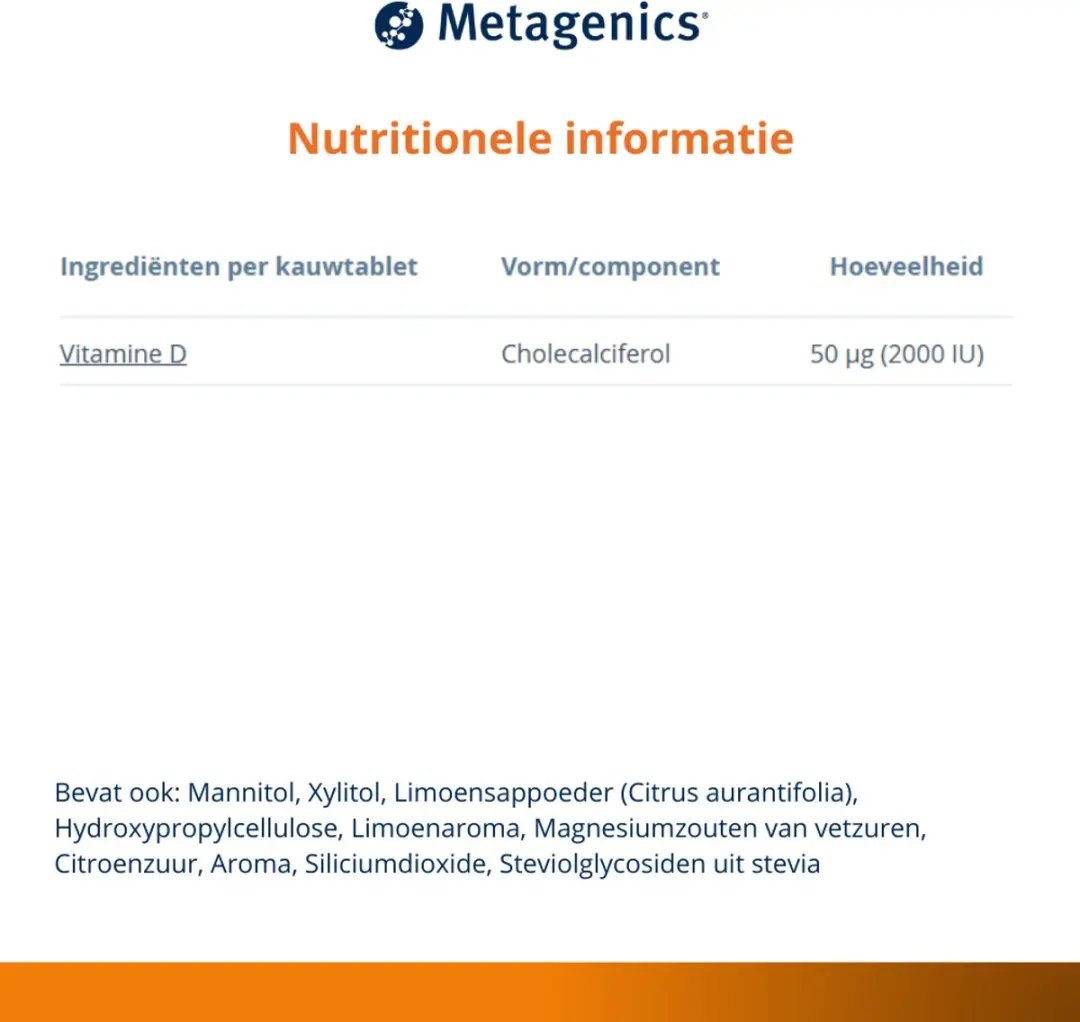 Metagenics Vitamine D3 2000IU Kauwtabletten 84 Stuks - Limoensmaak