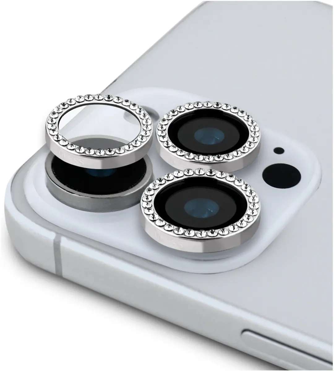 GUESS BP Rhinestone iPhone 16 Pro Max Scherm- en Camera Bescherming - 2 Stuks - Zilver