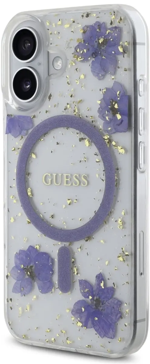 Guess iPhone 16 Hoesje MagSafe - Paars Glitter Bloemen
