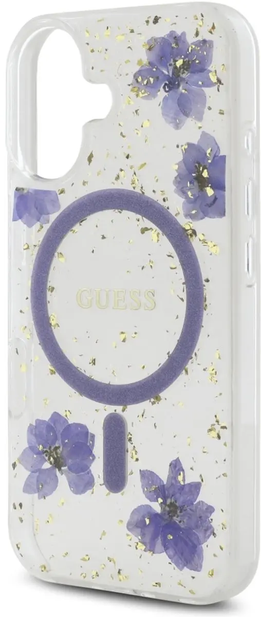 Guess iPhone 16 Hoesje MagSafe - Paars Glitter Bloemen