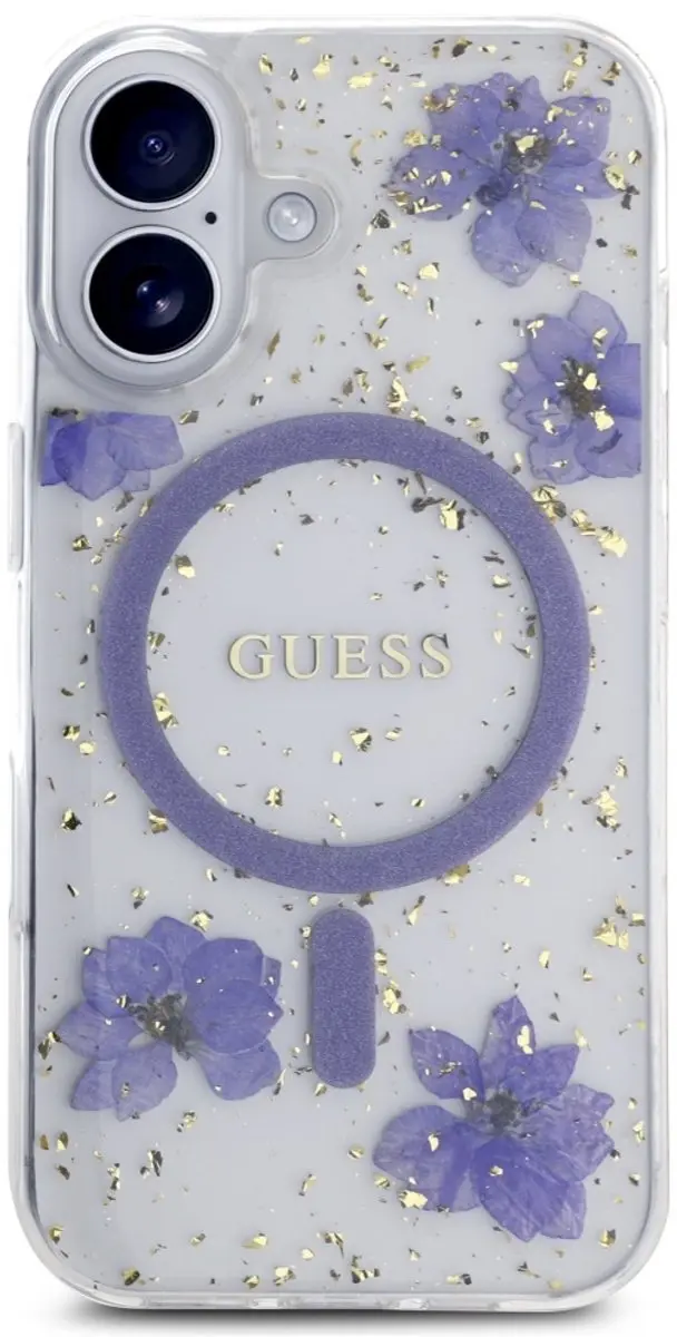 Guess iPhone 16 Hoesje MagSafe - Paars Glitter Bloemen