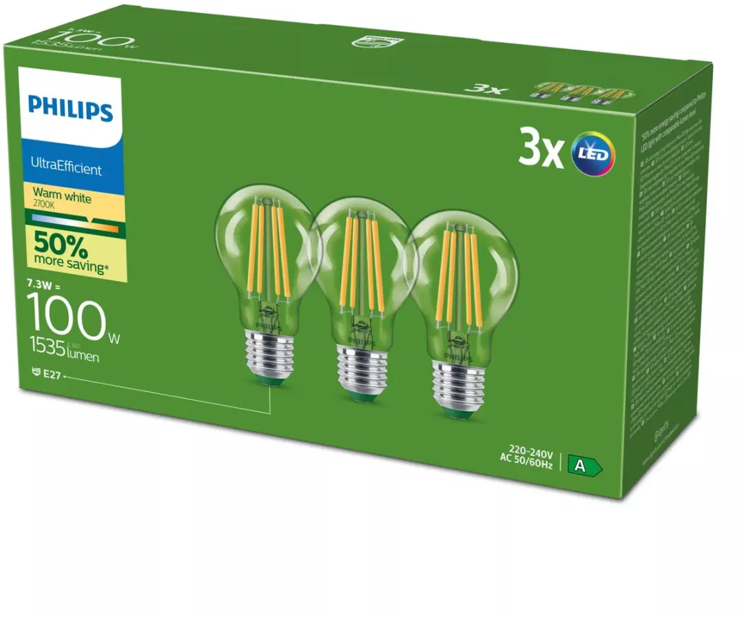 Philips Filament Bulb A60 E27 100W - 3 Stuks