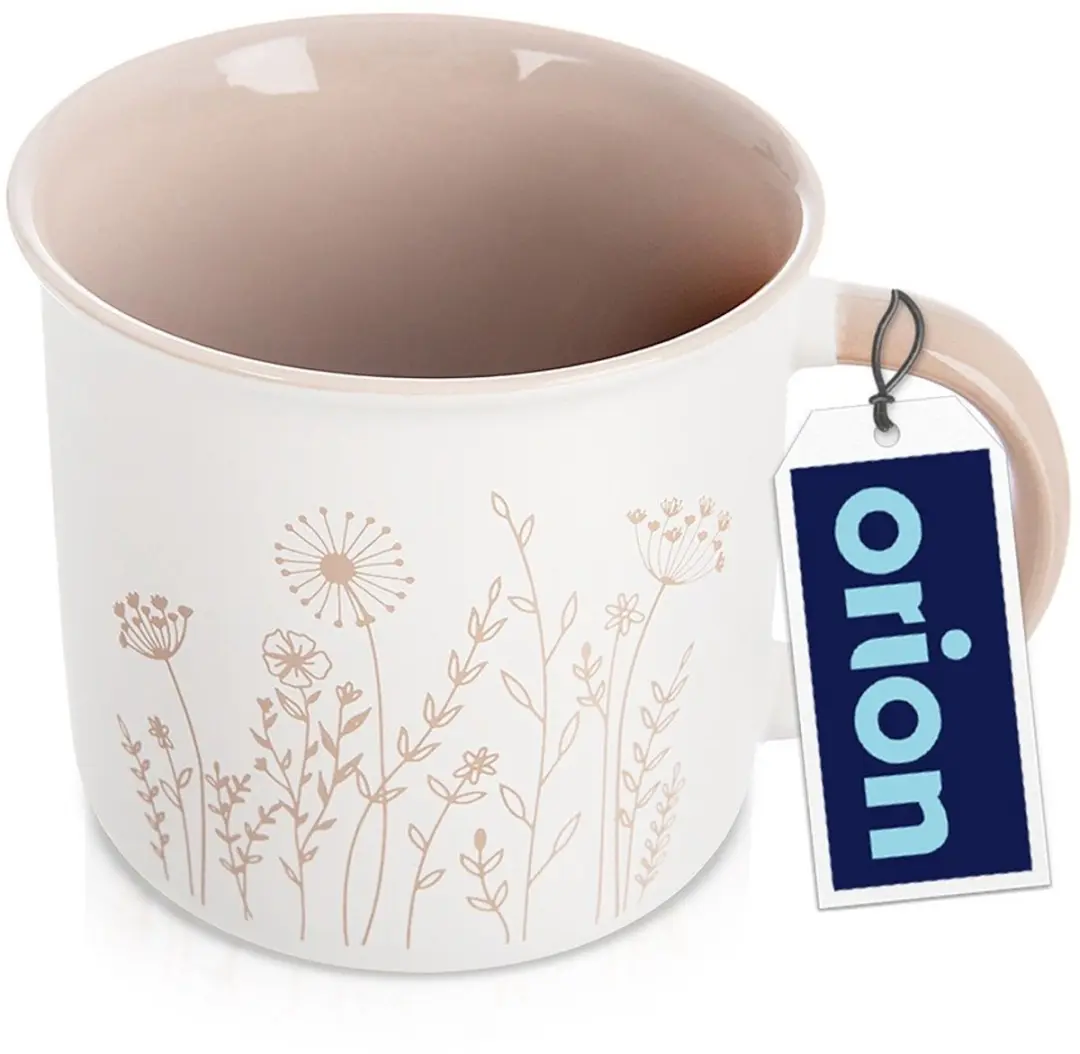 Orion Porseleinen Mok 400ml - Kwiatowy Decor - Wit/Beige