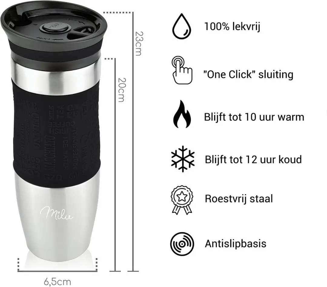 Milu Thermosbeker 450ml - Roestvrij Staal - Zwart
