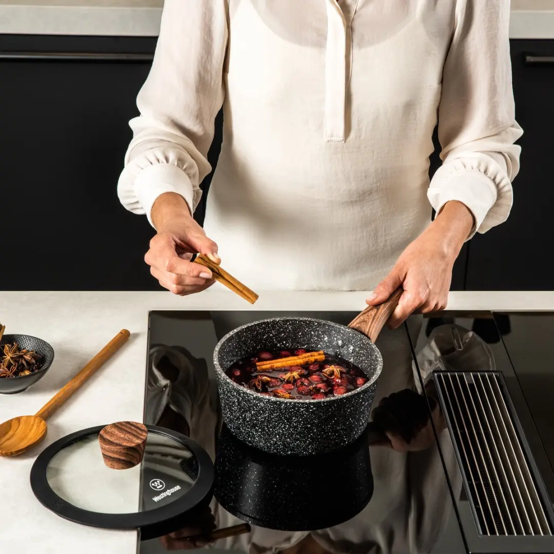 Westinghouse 3-delige Pannenset Black Marble Wood - 28/30cm Koekenpannen + 18cm Steelpan