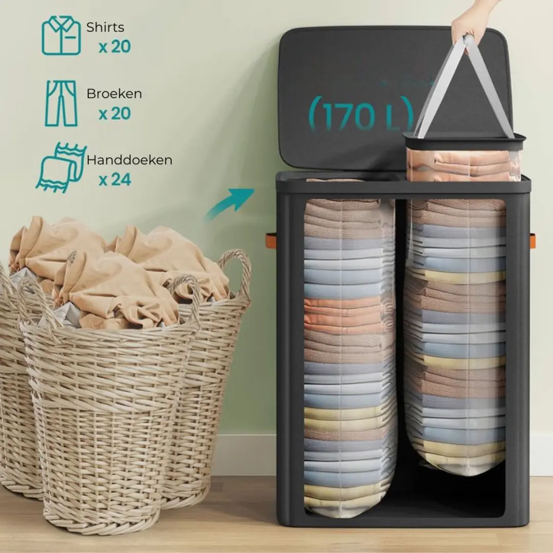 Songmics Wasmand 170L 2-vaks - Zwart