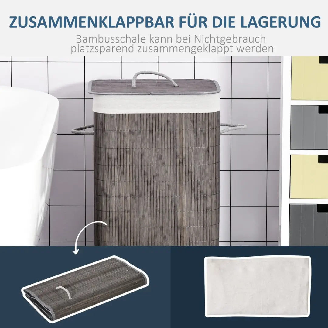 Homcom Wäschekorb Bamboe - 43x32x61cm - Grijs - afbeelding 6 van 6