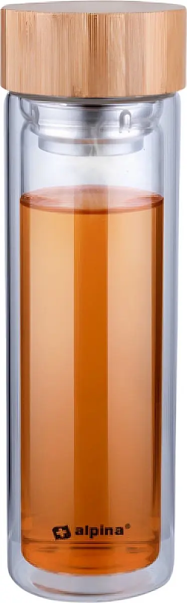 Alpina Glazen Drinkfles 450ml - Dubbelwandig - Bamboe dop