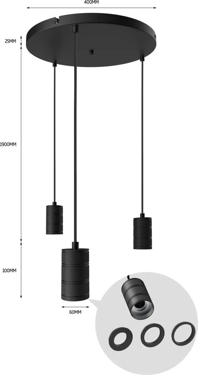 Calex Retro Plafondlamp 3x E27 Ø40cm - Zwart - afbeelding 6 van 6