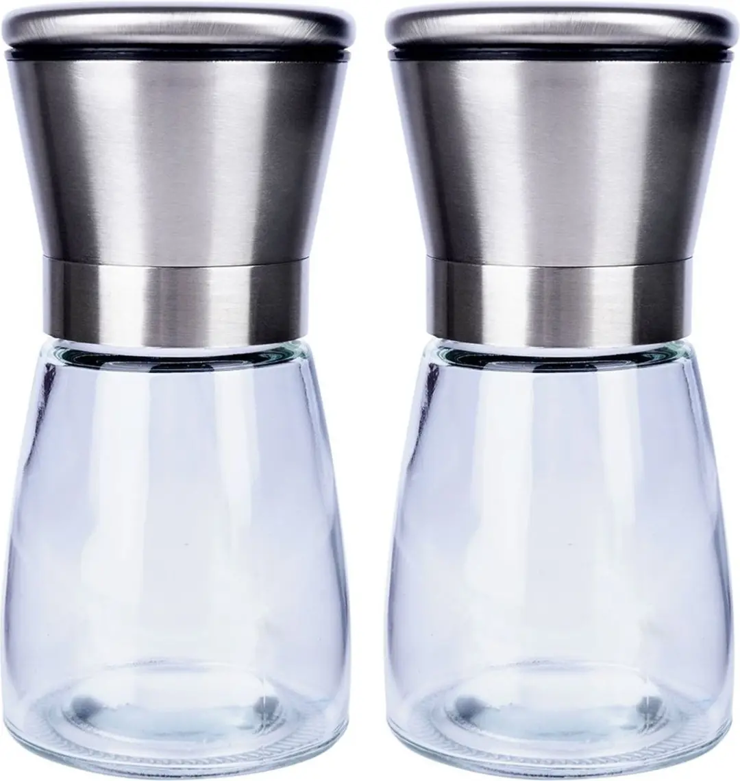 Orion Glazen Peper- en Zoutmolen Set 13,5cm - Keramisch - Handmatig - Zwart/Transparant